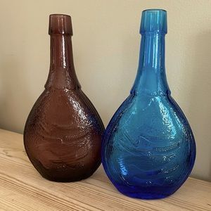 Set Of 2 Wheaton Union Glass Bottles, Purple & Cobalt Blue, 9”H x 5”W, EC
